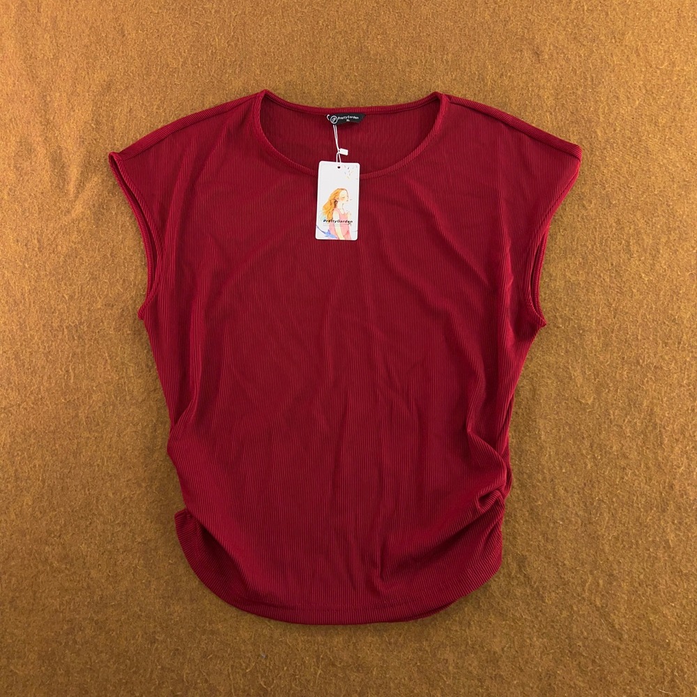 PrettyGarden Womens XL Red Ribbed Ruched Side Short Sleeve Top NWt